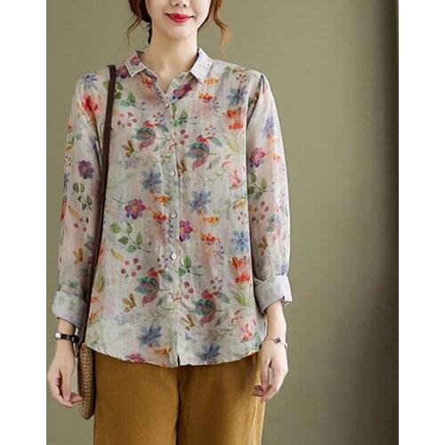 Women Long Sleeve Casual Shirts New Arrival 2021 Autumn Vintage Style Floral Print Loose Cotton Linen Female Tops Shirt B1057