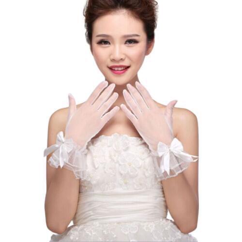 Women White Wedding Bridal Short Gloves Full Finger See Through Ribbon Bowknot Decor Wrist Length Costume Prom Party Solid Color