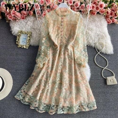 WYBLZ Elegant High-end Dress Embroidery Fairy Net Yarn Dresses for Womens Fashion Petal Sleeve Hollow Sexy Dress Women