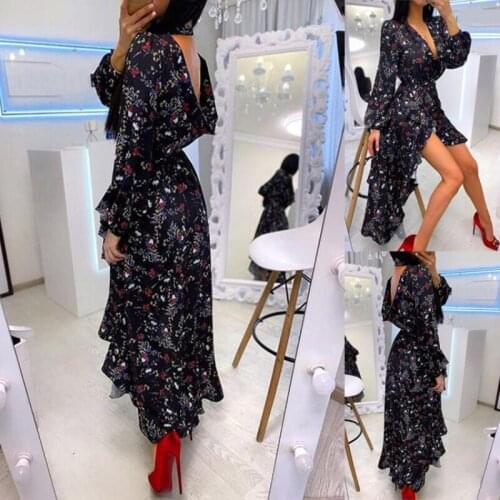 Autumn Beach Maxi Women Dress Floral Print Boho Long Chiffon Dress Long Sleeve Backless Sexy V-neck Irregular Ladies Dresses