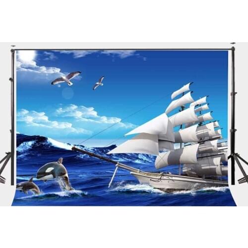 150x210cm Abstract Sea Painting Backdrop Sailing Ship Seagulls and Dolphins Photography Background