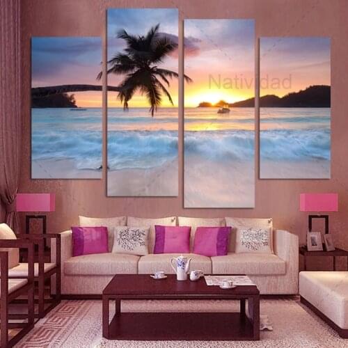 4 Pieces/set Blue Sea Waves Landscape Canvas Paintings Artworks Ocean Sunset Coconut Tree Home Wall Decorations Art Prints