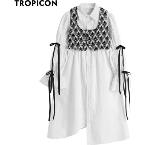 TROPICON 2 Piece White Long Shirt Dress Flare Sleeve Tie Collar Button Up Dress With Vests Spring 2021 Korean Fashion Clothing