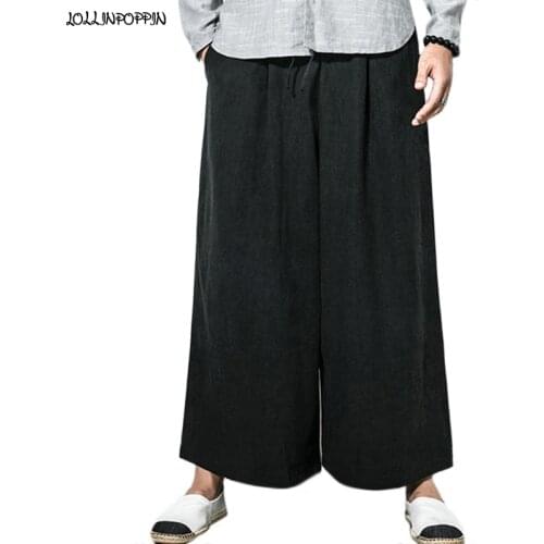 Mens Wide Leg Linen Pants Casual Loose Pants Cotton & Linen Men Baggy Pants Elastic Waist Japan Style Kendo Pants