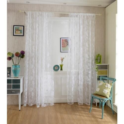 Home Bedroom Hotel Cafe Decor Flocking Peony Sheer Curtains Window Door Decor Curtains White