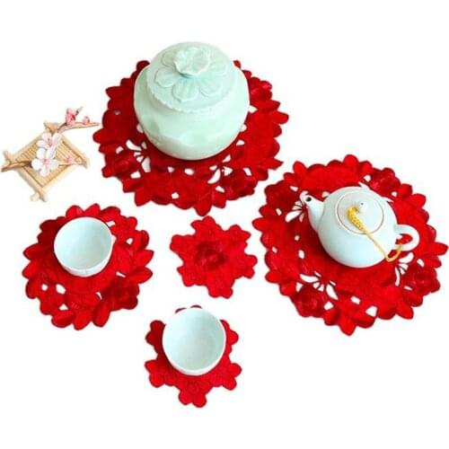 HOT lace red round embroidery table place mat cloth pad cup coaster placemat tea doily kitchen tableware Christmas wedding decor