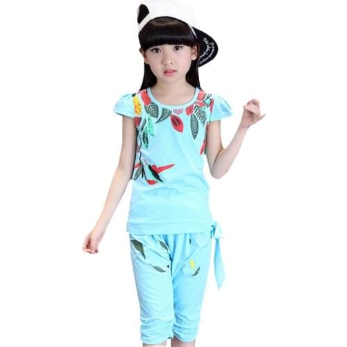 Girls Summer Clothing Sets Tracksuits 100% Cotton Sportswear Outfits Girls Sports Suits Print Bow Clothes For 5 6 8 10 12 14 Y