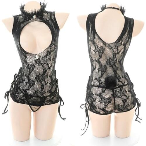 Open Chest Temptation Retro Lace Side Strap Bodysuit With Flower Pattern Erotic Lingerie Stretch Mesh Body Stockings New