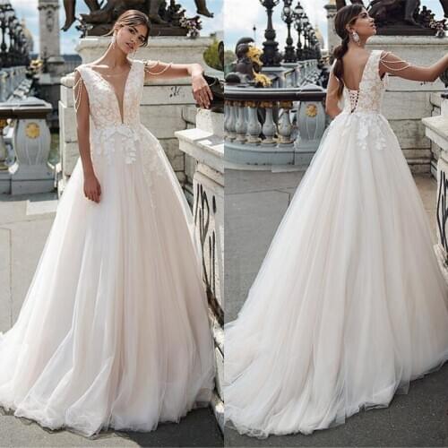 Sexy Deep V-neck Applique Flower Pearls Lace Tulle Sweep Train A-line Wedding Dress 2021 vestido noiva Bridal Gowns