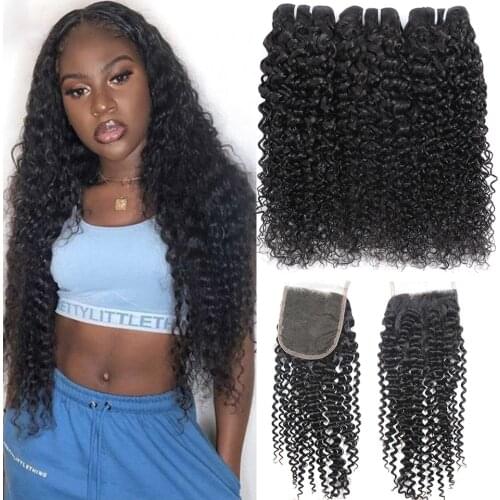 Kinky Curly 3 Bundles With Lace Closure culy Human Hair Weave Extensions Peruvian Curly Hair Bundles With Closure