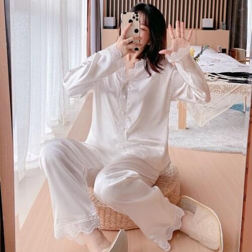Ice Silk Pajamas Womens Spring Summer Long Sleeve Trousers 2Pcs Set Nightwear Korean Thin Simple Fashion Home Wear Sleepwear