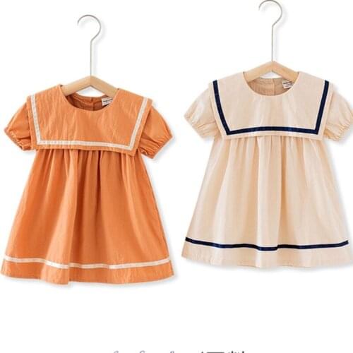 Toddler Baby Girls Summer Short Sleeve Loose Dress College Navy Sailor Style Lapel Striped Flared Button Infant Dress