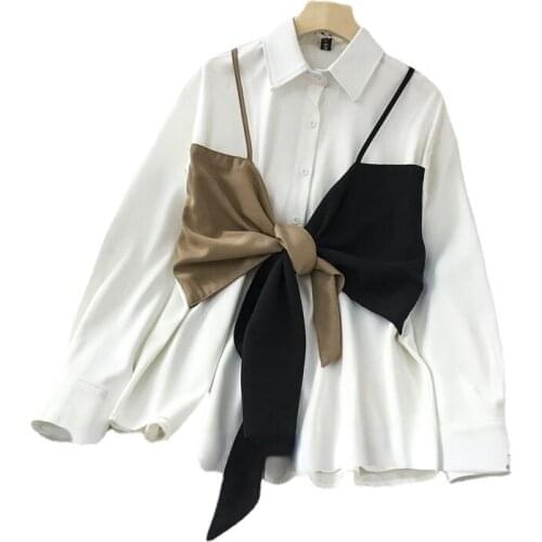 Patchwork Fake 2 Piece Women White Shirts Summer New 2021 Loose Long-Sleeved Elegant Office Lady Outwear Coats Tops