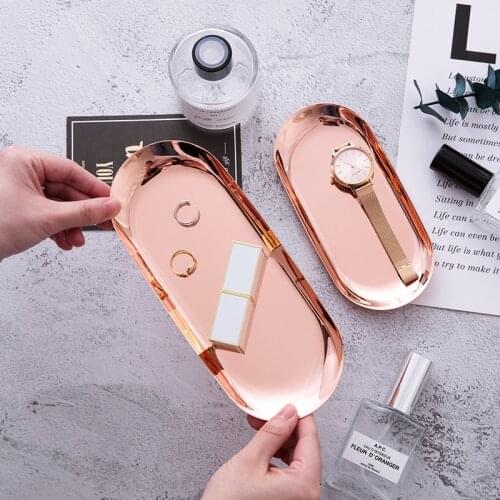 Modern Metal Rose Gold Plate Silver Oval Storage Tray Decorative Jewelry Display Stainless Steel Tray Storage Supplies