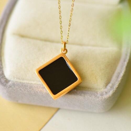 Hetian Jade Necklace Womens Clavicle Chain Simple 925 Sterling Silver Gilding Inlaid Natural Hetian Dark Jade Pendant Womens J