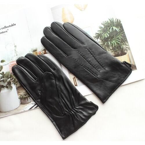 Bickmods New Mens Fashion Sheepskin Gloves Short Style Black Genuine Leather Gloves Winter windproof and warm