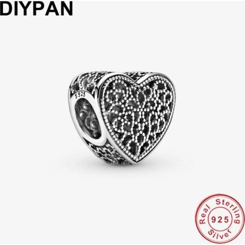 Fit Original Pandora Bracelet Charms 925 Sterling Silver Filigree and Beaded Heart Charm Bead Berloque Women DIY Jewelry