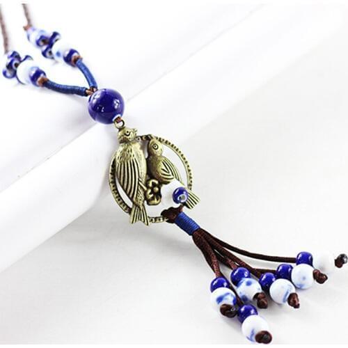 Double Birds Charm Necklace Brown Woven Rope Choker Flower Beads Link Chains Women/Female Ceramic Necklace Accessories Jewelry
