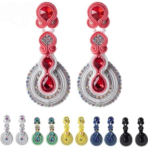 Beautiful Handmade Soutache Dangle earrings for women jewelry Big Round Pendant crystals earring Ethnic style weaving Multicolor