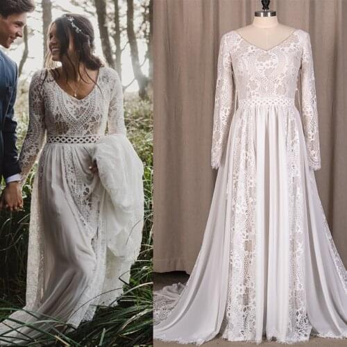 Hippie Beach Boho Elopement Photoshoot Wedding Dress V Neck Lace Chiffon A Line Seaside 2021 Long Sleeve Big Sizes Bridal Gown