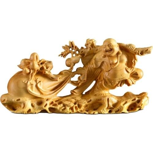 Solid wood cloth bag smiling Buddha statue modern art sculpture, Home Decoration God of Wealth Smiley Buddha Statue souvenir
