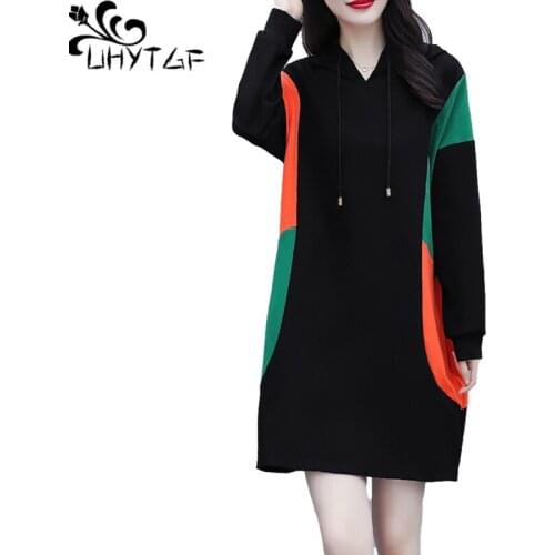UHYTGF Elegant Womens Spring Dress Long Sleeves Hooded Loose 5XL Plus Size Sweatshirt Dresses Korean Fashion Female Clothes 1269