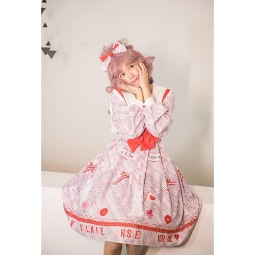 Japanese kawaii girl sweet lolita dress big turndown collar bowknot cute printing high waist kawaii dress loli gothic lolita op