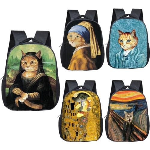 Funny Mona Lisa Cat Backpack Cute Cat School Bags For Kids Orthopedic Backpack Schoolbag In Primary Kindergarten Mini backpack
