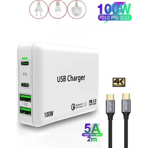 100W Multi Quick Charger PD Type C USB Charger Adapter for Macbook Pro iPhone 12 SAMSUNG S20+ 4K@60Hz USB-C USB3.1 Gen 2 Cable