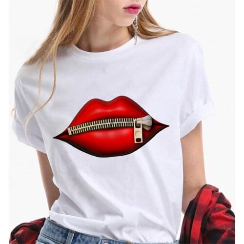 Womens Clothing Short Sleeve Tee New Summer Fashion Casual Sequins Red Lips Slim T-shirts Print Women Girl T Shirt