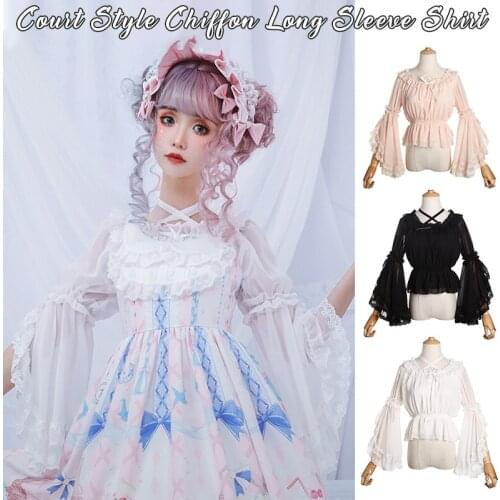 Sweet Women Chiffon Blouse Princess Lolita Flare Sleeve Cross Neck Lolita Tops Summer Cosplay Undershirt Lolita Bottom Shirts