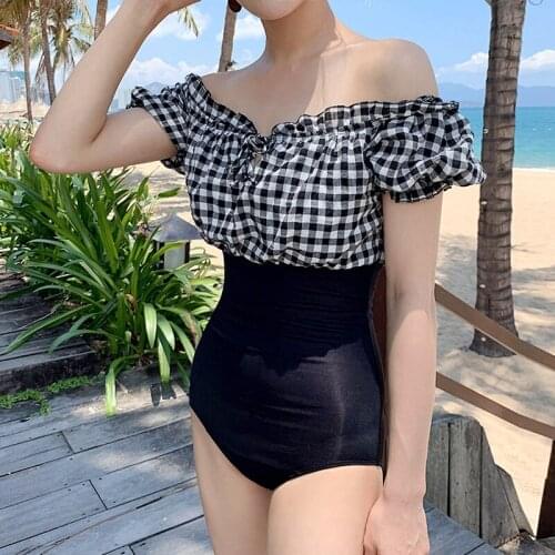 Korean Style High Waist Bikini Set Women Lattice Patchwork Biquini Suit One Pieces Swimwear Sexy Slim Swimsuit Beach Suit