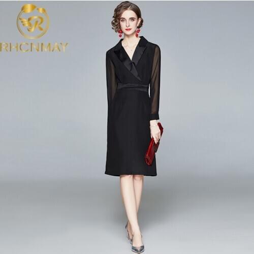 2020 New Autumn and winter Elegant Dress Black Long Sleeve Tailored collar Temperament Commute Women Slim Pencil skirt