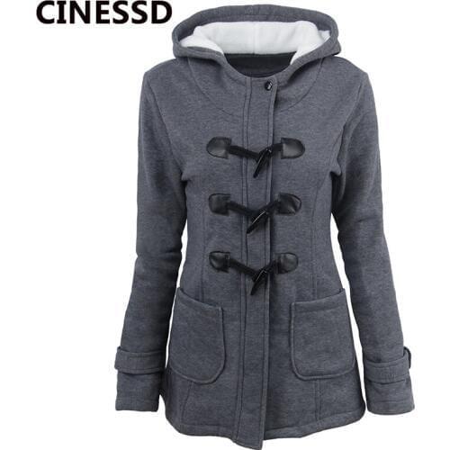 CINESSD Women Hooded Coat Parkas Horn Button Wool Thicken Trench Jacket Gray Autumn Winter Plus Size Cashmere Pocket Casual Coat