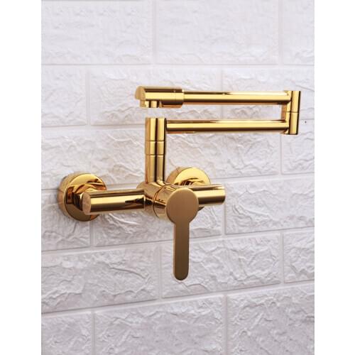 Gold Wall mounted kitchen sink faucet Cold hot water kitchen faucet golden Foldable Rotatable brass copper kitchen mixer faucet