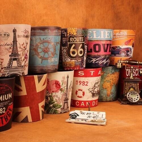 27cm Retro Wastepaper Basket Creative PU Leather Bar Rubbish Bin Office Paper Basket Vintage without Lid Dustbin 8 Patterns