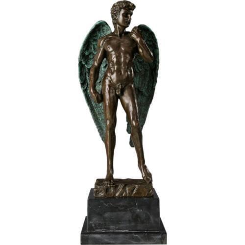 David with Wings Statue Bronze & Green Famous Nude Man Sculpture Great Details Antique Figurine Art Home Decor