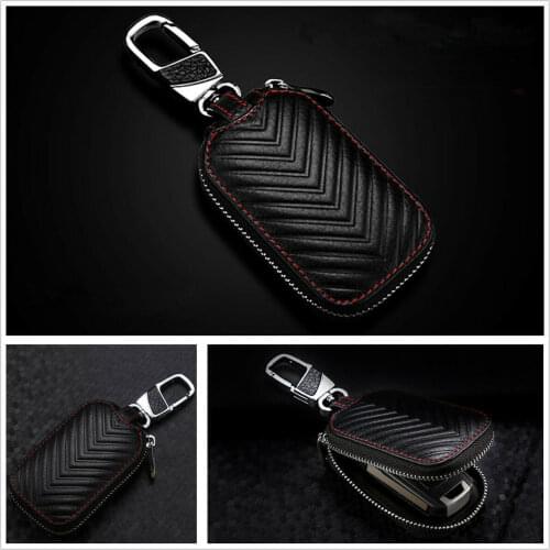 Car Key Chain Bag Genuine Leather Smart Key Holder Cover Remote Fob Zipper Case
