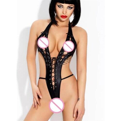 Black Sexy Vinyl Lingerie Fishnet Teddy Erotic Faux Leather Lingerie Novelty Hollow Out Exotic Apparel Halter Wet Look Underwear