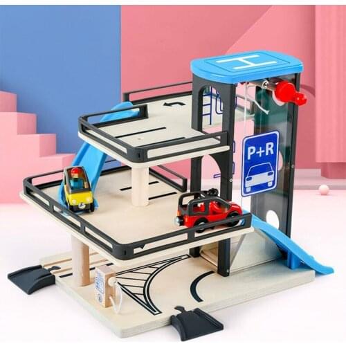 Wooden Parking Lot Toys Car Track Set Simulation Three-story Car Park Elevator Children Play House Educational Toy Kids Gifts