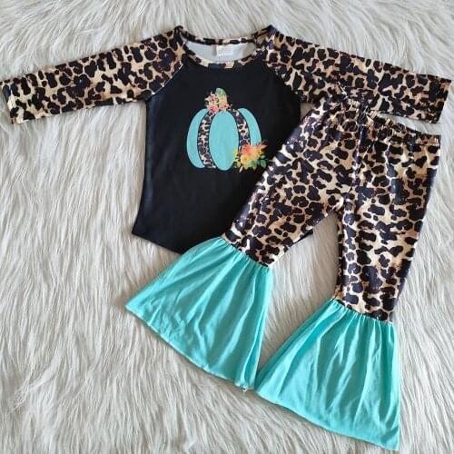 Children clothing kids girls clothes fall outfits Halloween clothes pumpkin toddler baby girl clothes Leopard bell bottom outfit