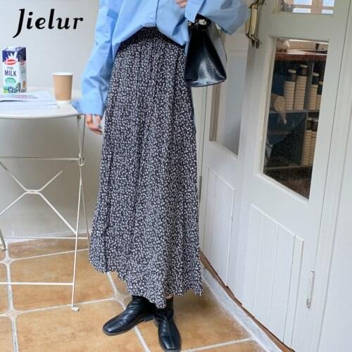 Jielur Spring New Black White Floral Skirt Pleated A-line High-waisted Skirts Fashion Korean Vintage Casual Womens Skirt 2021