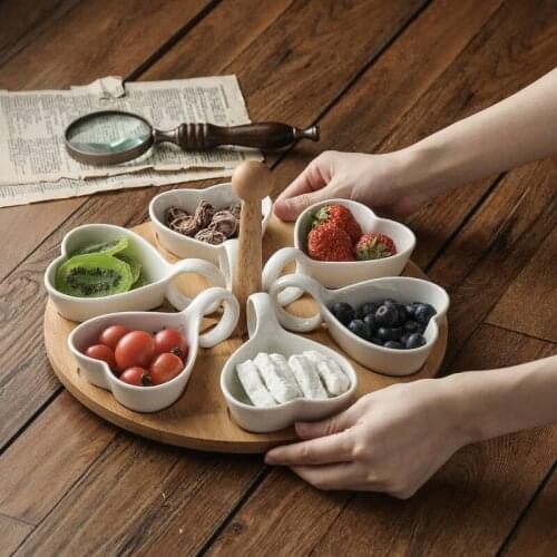 Nordic Art Ceramic Grid White Heart-shaped Fruit Snack Plate Simple Home Restaurant Seasoning Bowl with Rotating Bamboo Plateset