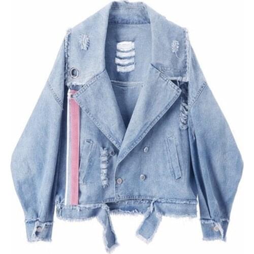 Women Frayed Denim Jacket Boyfriend Jeans Coat Streetwear Bomber Jacket Vintage Autumn Elegant Basic Outerwear Large Size M59