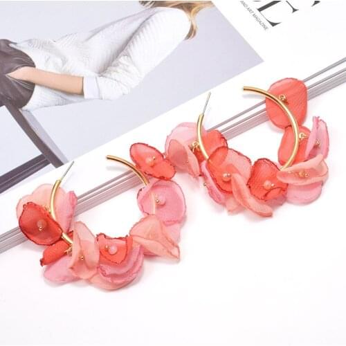 Summer Design Pink Fabric Flower Round Drop Earrings Ethnic Handmade Womens Wedding Jewelry Accessories Brincos