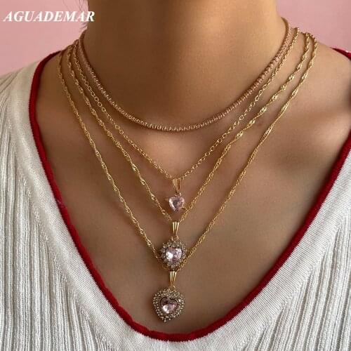Cute Shiny Pink Crystal Heart Star Pendant Chain Necklaces For Women Multi-layer Golden Metal Twist Chain Necklace Boho Jewelry