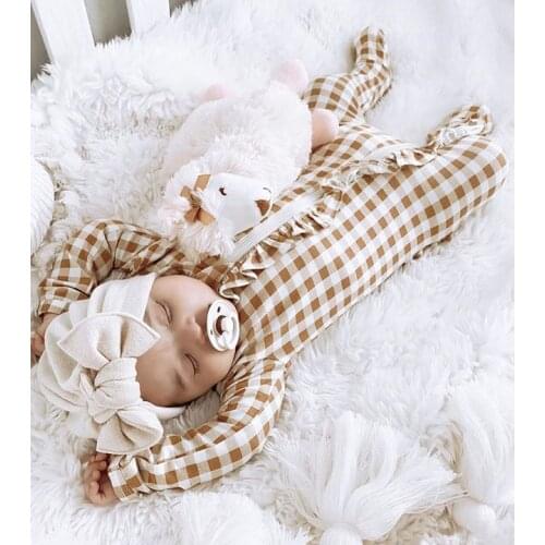 Newborn Baby Girl Cute Footed Pajamas Plaid Printed Ruffle Romper Jumpsuits Outfits