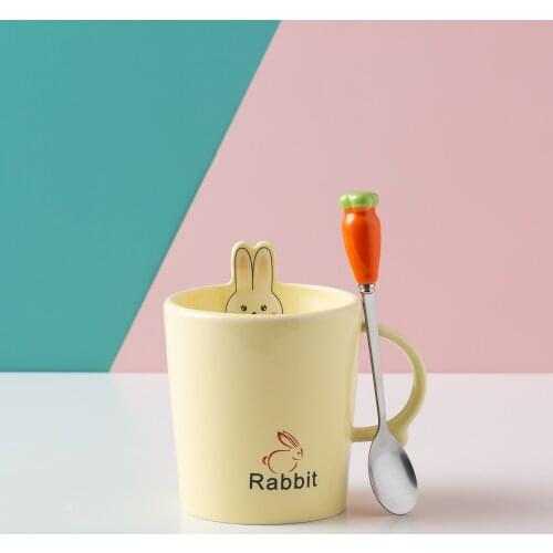 Cute cartoon white rabbit three-dimensional personality mugs coffee cup ceramic cup with spoon office home teacup milk cup