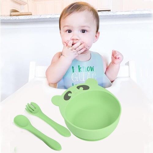 3pcs Set Childrens Tableware Cartoon Bear Bowl Spoon Fork Baby Feeding Dishes Portable Bowl Dinnerware Silicone Training Plate