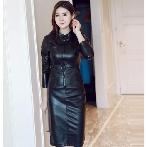 New womens clothing slim fit pu dresses high imitation leather dresses elegant womens dresses womens autumn clothing 5200